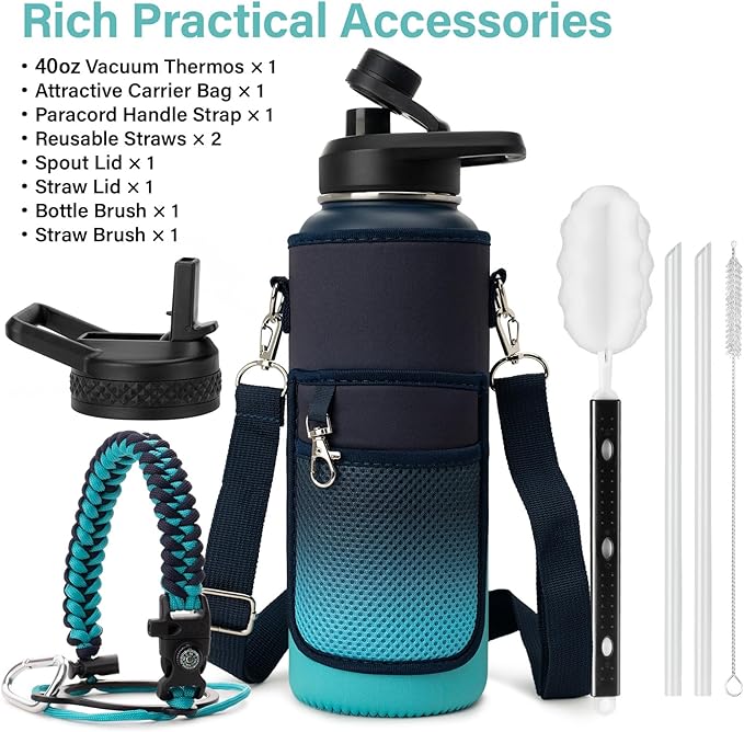Insulated Water Bottle | Thickened Stainless Steel Vacuum Metal | Portable Sports Water Jug for Gym and Hiking with Straw, Carrier Bag, Handle Strap | BPA-Free 40 oz