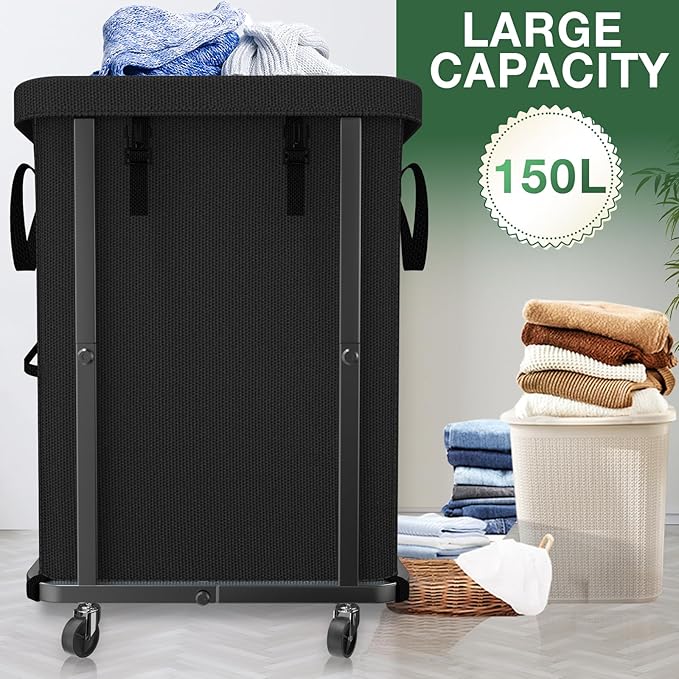 40 Gal(150L) High Grade Large Laundry Basket with Wheels, Rolling Laundry Hamper, Laundry Cart with Metal Frame and Removable Bag Design, Suitable for Laundry Room (Black, 150L)