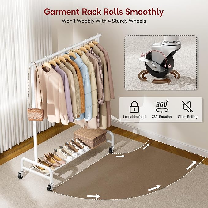 SLEEPING LAMB Heavy Duty Clothes Racks for Hanging Clothing Rack, 43" Wide Rolling Garment Rack Metal Wardrobe Rack with Wheels Closet Hanger Rack for Coats, Shirts, Dress, (White)