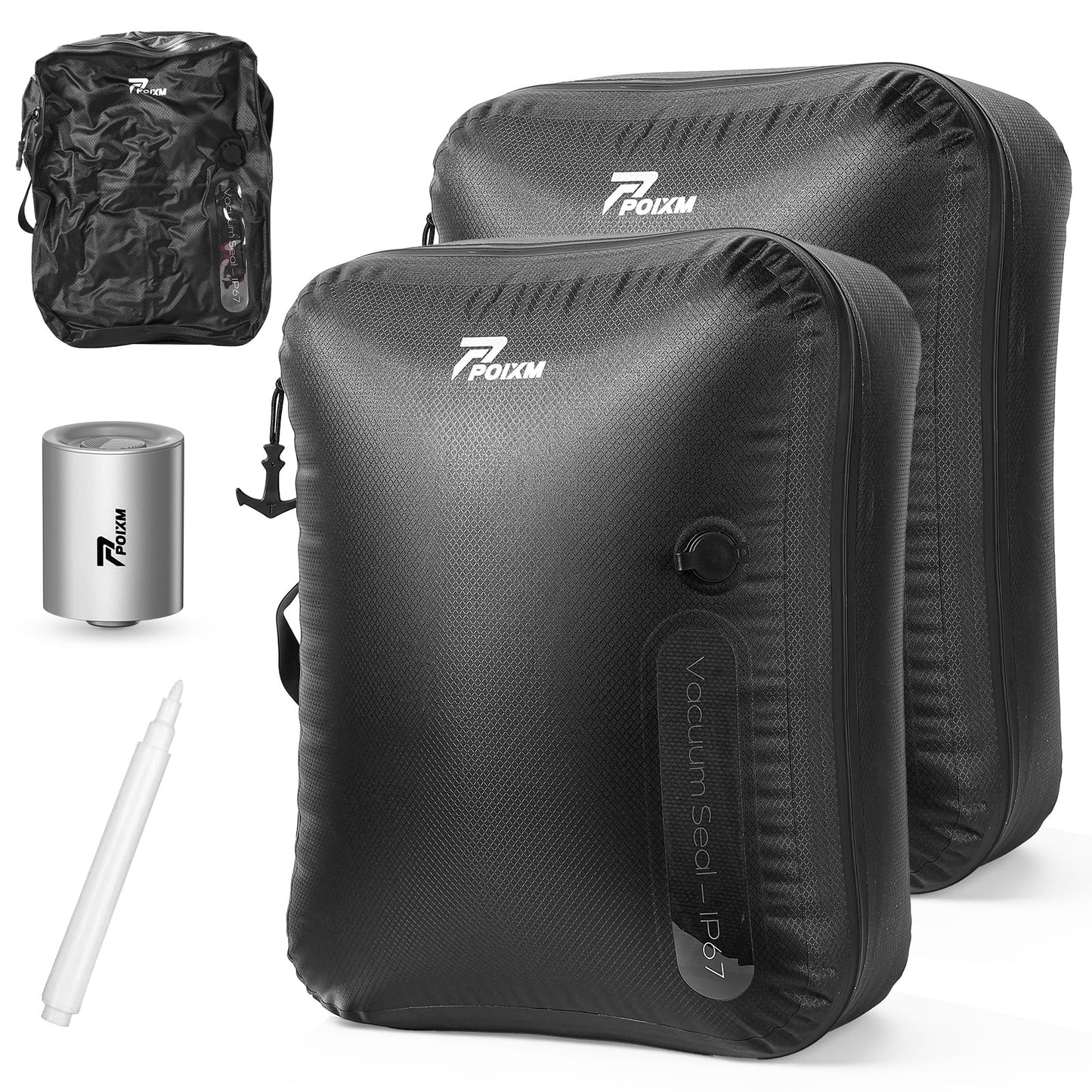 POIXM Vacuum Bags for Travel with Wireless Pump, 180° Open Zipper, IP67 Waterproof, Reusable Space Saver Compression Bags for Backpack, Suitcase, Home Storage(2 Pack + Pump)