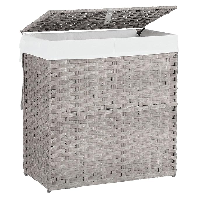 DUMOS Wicker Laundry Basket with Lid, 29.6 Gallon (112L) Woven Laundry Hamper with Handles, Foldable Rattan Clothes Hamper with Removable Liner & Sturdy Steel Frame, Dove Gray
