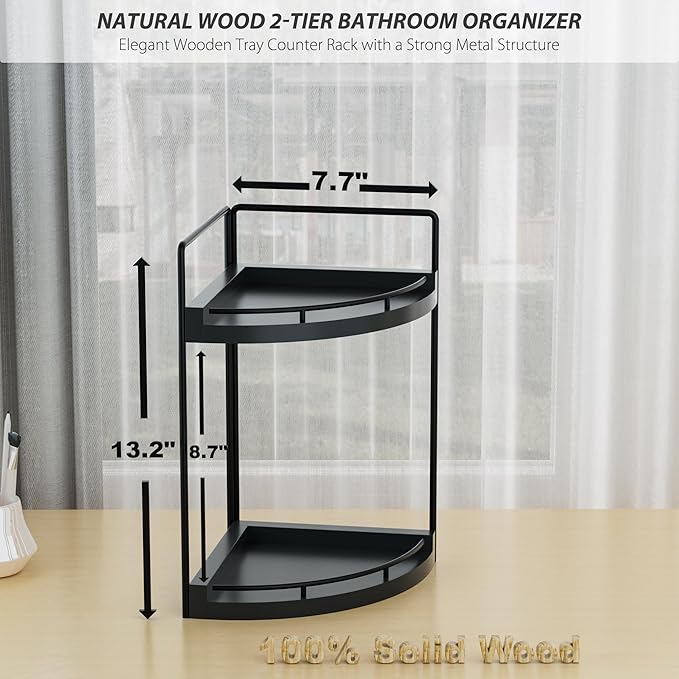 Corner Bathroom Counter Organizer, 2 Tier Wood Vanity Storage, Waterproof Skincare Shelf for Kitchen & Toiletries Decor, Dresser (Black-2 Tier)