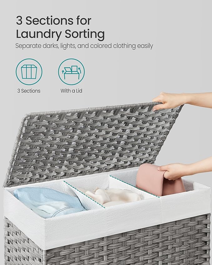 SONGMICS Laundry Hamper with Lid, 42.3 Gallons (160 L), Rolling Laundry Basket with Wheels, 3-Section Synthetic Rattan, Removable Liner, Bedroom, 29.9 x 13 x 26 Inches, Gray ULCB365G01