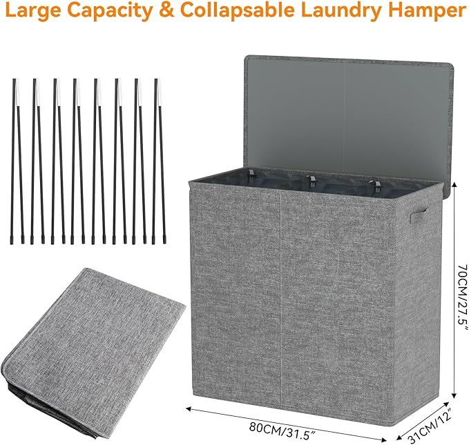 WOWLIVE 180L Laundry Hamper with Lid 3 Section,Large Laundry Basket with Removable Bags and Handles,Collapsible Dirty Clothes Hampers for Laundry,Laundry Basket Organizer for Laundry Room,Dorm,Grey