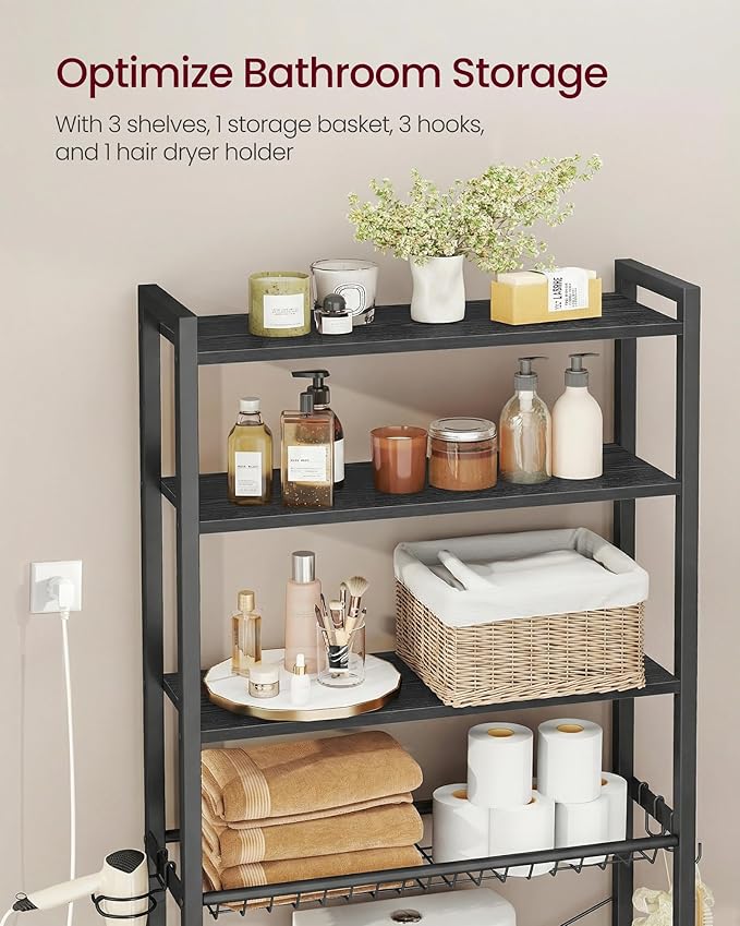 VASAGLE Over The Toilet Storage, Over Toilet Bathroom Organizer with Adjustable Shelves and Basket, 3 Hooks, Space Saving, 9.4 x 23.6 x 68.1 Inches, Ebony Black UBTS114BE01S