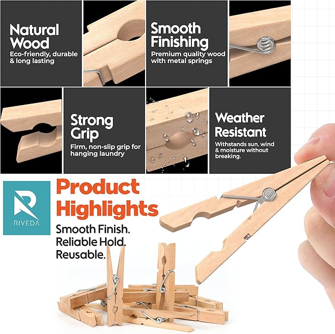 RIVEDA 50pcs Wooden Clothes Pins with Storage Bag, 2.9 Inch Natural Wood Clothespins, Strong Grip Laundry Clips for Clothesline, Hanging Clothes, Crafts & Home Use