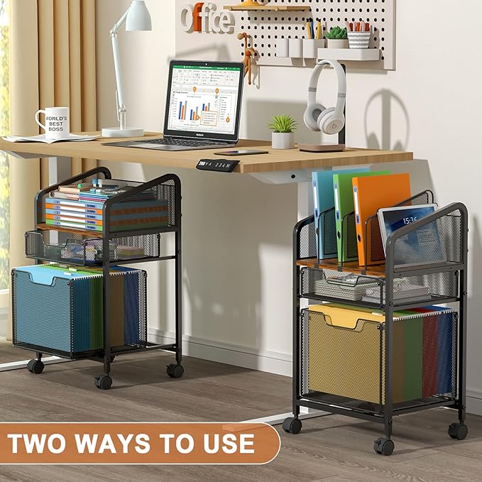 Rolling File Cabinet with Adjustable Dividers, Mobile Filing Cabinet with 2 Storage Drawers on Lockable Wheels, Hanging File Organizer Beside Under Desk for Office, Home（Patent Pending）