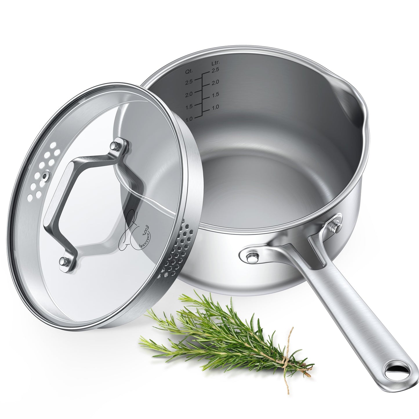 PekGema 2.5QT Saucepan w/Glass Strainer Lid, Tri-Ply Stainless Steel