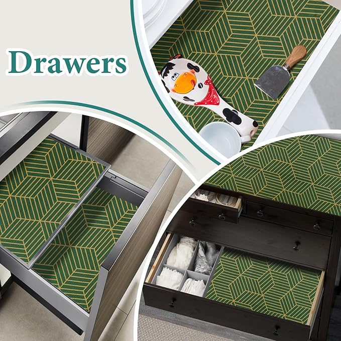 Shelf Liners for Kitchen Cabinets 23.6in x 30FT, Non Adhesive Cabinet Liner Strong Non-Slip Thickened Gold Green Geometric Drawer Liner, Easy to Clean for Shelf, Cabinet with Knife and Tape Measure