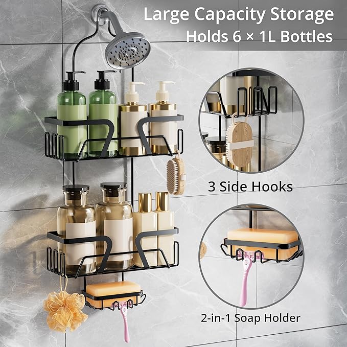 Shower Caddy Hanging with 3 Soap Holder - Over the Shower Head Caddy for Bathroom Organization(for Bathroom Organization, 24 Side Hooks, 3 Razor Holder
