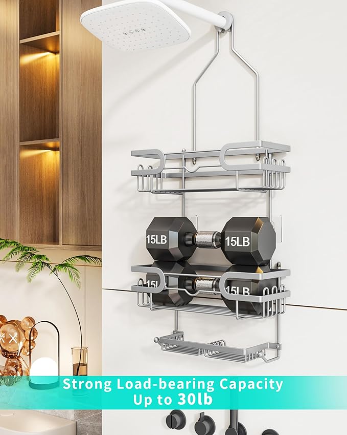 HapiRm Bathroom Hanging Shower Caddy - Rustproof Shower Shelf with 12 Hooks and 2 Soap Holders, No Drilling Bathroom Organizers and Storage - Silver