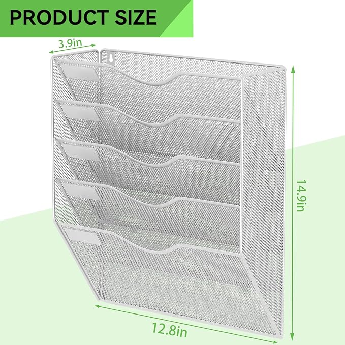5 Pockets Hanging Wall File Organizer Mail Holder, Wall Mounted Paper Document Folder Holder, Clipboard Storage Organization Magazine Rack, Silver