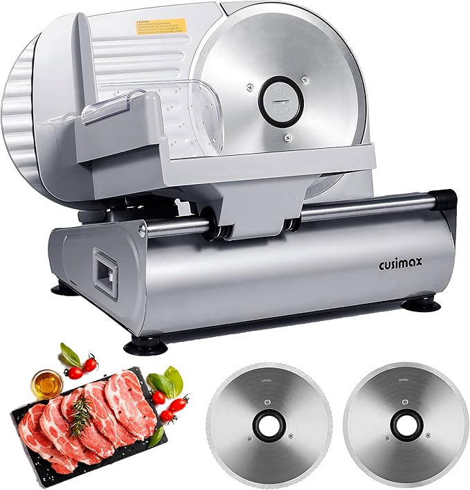 Meat Slicer,CUSIMAX Electric Deli Meat Slicer for Home,2 Removable 7.5''Stainless Steel Blades and Pusher,1-15mm Adjustable Thickness Food Slicer Easy for Cut Meat,Cheese,Bread