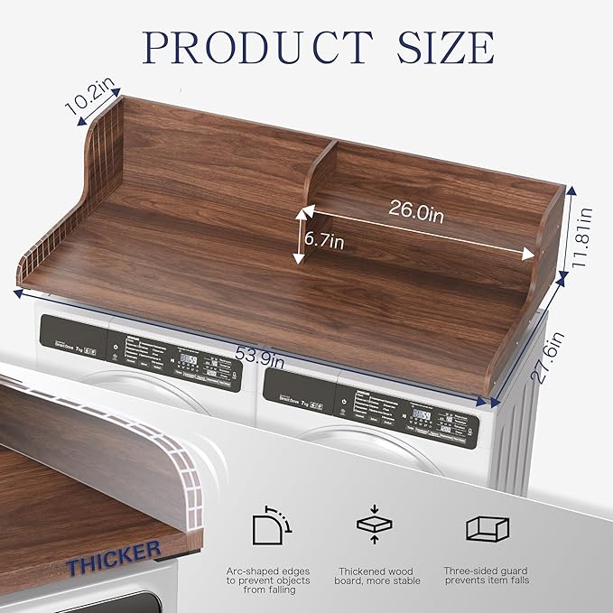 DTK Washer Dryer Wood Countertop with Shelf, Laundry Topper with Non-Slip Mat,27.55" Depth x 54" Width Dryer Covers for The Top with Edge Rails (Dark Walnut)