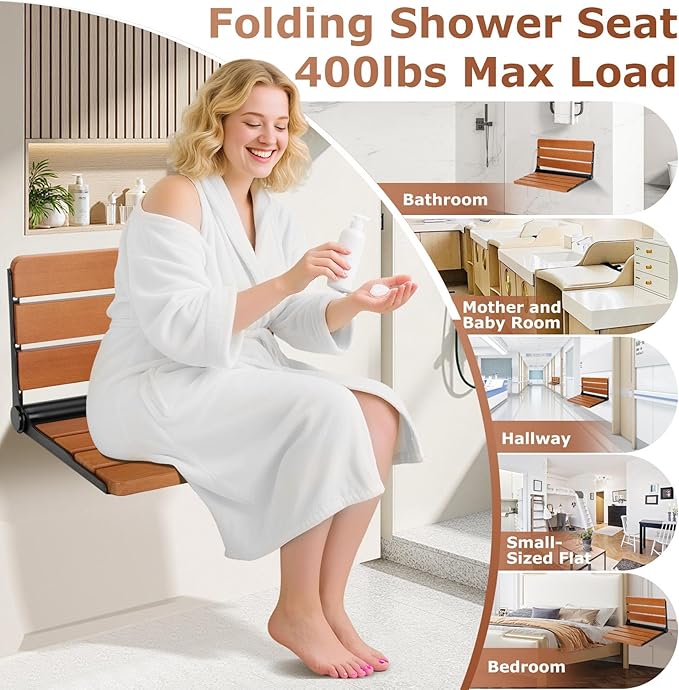 Foldable Shower Seat Wall Mounted, Folding Shower Bench for Small Shower Spaces, 400lbs Max Load for Inside Shower, 16"