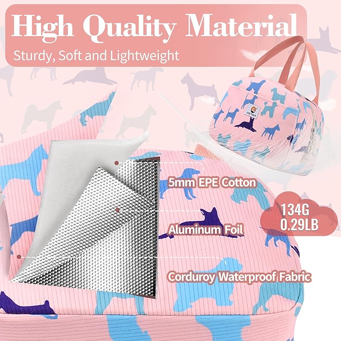 Lunch Bag Kids,Cute Lunch Box for Kids Boys Girls,Portable Mini Cooler Bag,Small Insulated LunchBox Reusable Corduroy Lunch Tote for School/Travel/Picnic/Work (Dog)