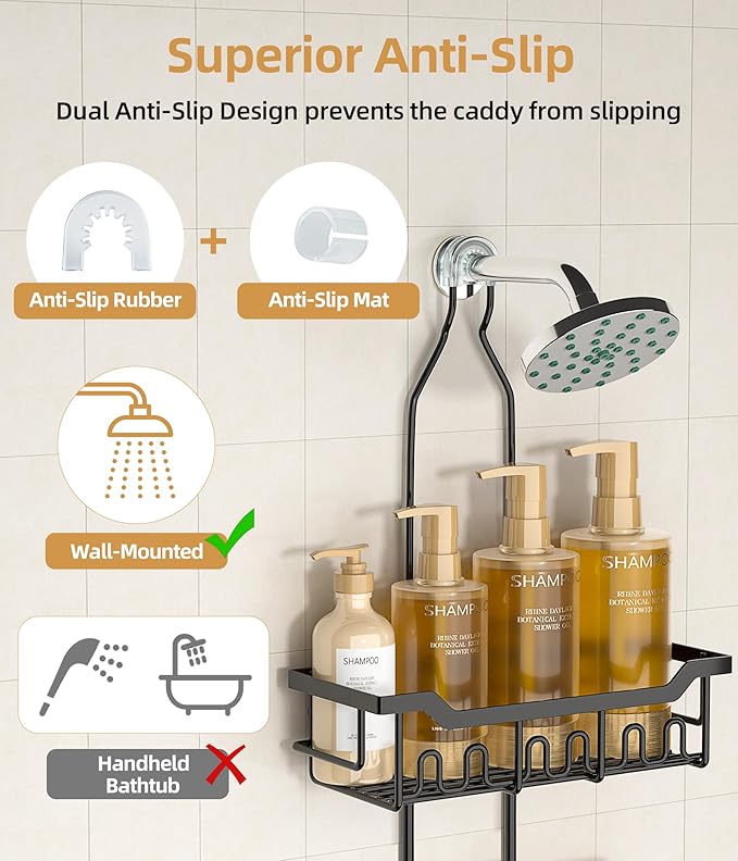 Adjustable Shower Caddy Hanging, Extended Length Organizer Over Shower Head, 3 Tier Long Neck Shower Rack with Soap Holder for Large Storage, Black
