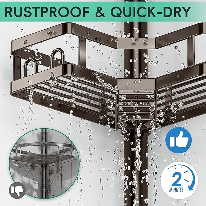 HEVEL Corner Shower Caddy Tension Pole, 4 Tier Adjustable Shower Organizer Corner 62-115 Inch, Rustproof Bathroom Shower Shelves for Bathtub Storage,Bronze