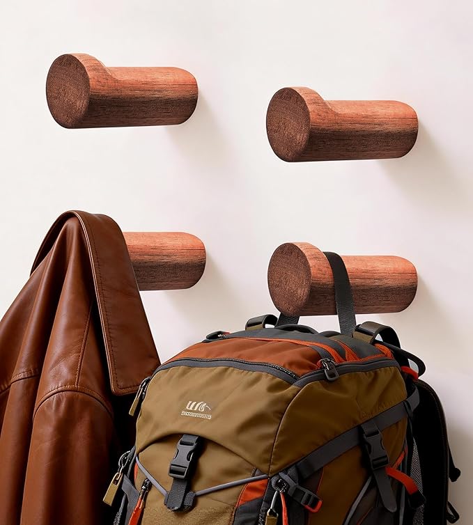 Wood Wall Hooks, 4 Pack Heavy Duty Coat Hooks – Farmhouse Rustic Entryway & Bathroom Hooks for Hats, Towels, Bags, Clothes (40 Capacity), Fits Drywall, Acacia Wood