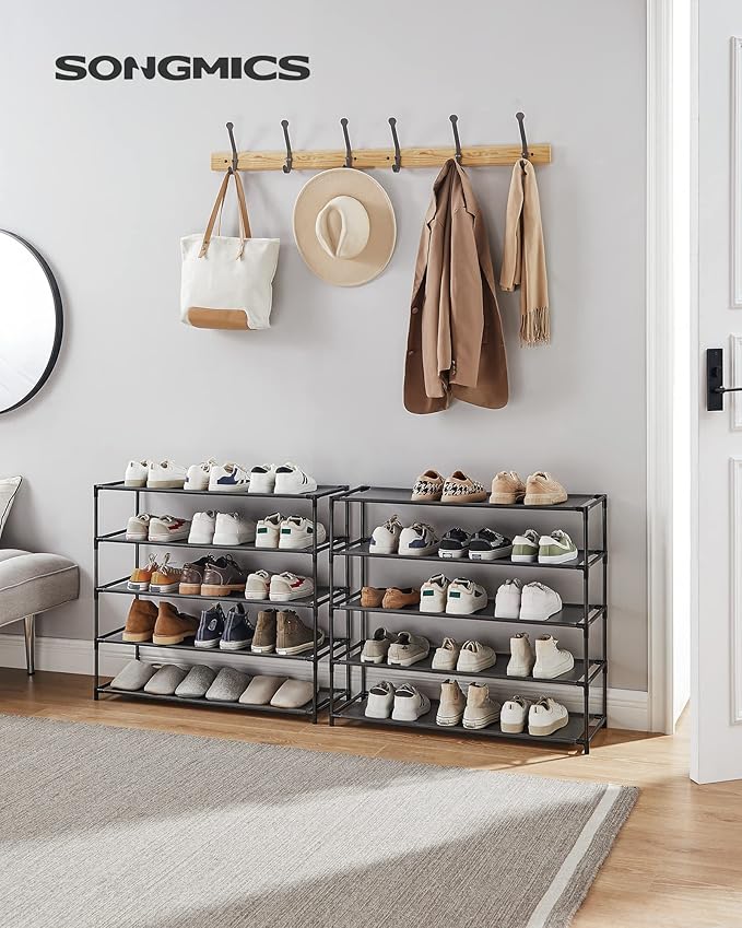 SONGMICS Shoe Rack, 10-Tier Shoe Storage Organizer, Space-Saving, 11 x 32.7 x 62.6 Inches, Entryway, Metal Frame, Non-Woven Fabric Shelves, Ink Black ULSR210B02