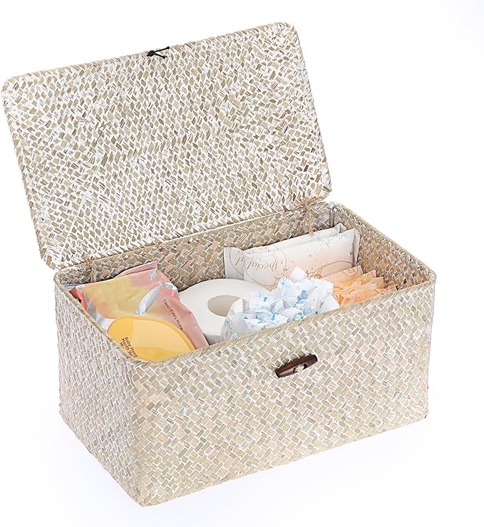 Sumnacon Wicker Basket with Lid Rectangle Woven Baskets for Toiletries Tampon Storage,Wicker Storage Basket with Lid,Decorative Seagrass Storage Baskets for Shelf Bathroom Toilet Table,Whitewash