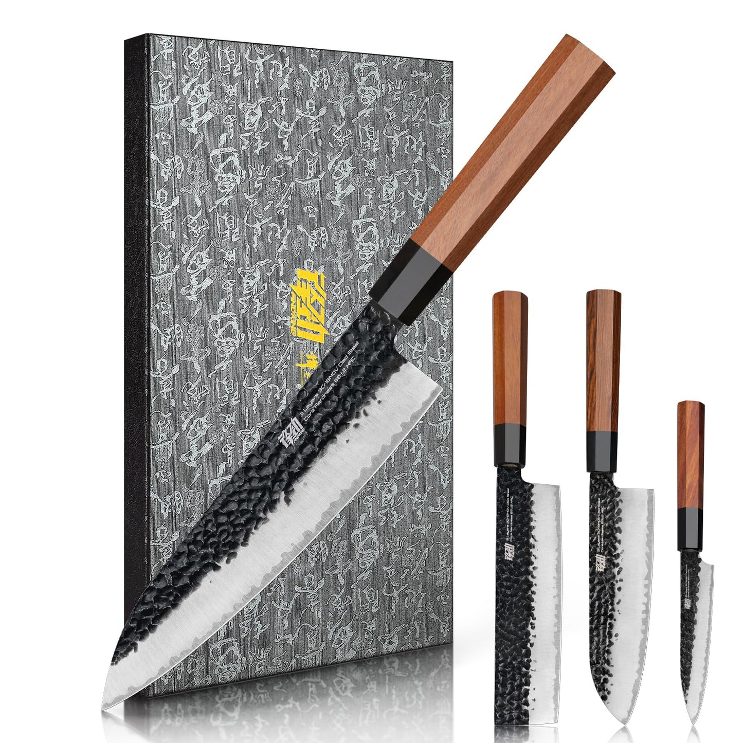 FINDKING Serbian Chef Knife with Leather Sheath, 6.5 Inch High Carbon Steel Cleaver Knife, Hammered Blade, Octagonal Handle, for Meat, Vegetables, Poultry and Light Bones, Dynasty Series