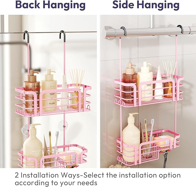 SWTYMIKI Shower Caddy Hanging Organizer - Over the Door Shower Caddy with Soap Holder, 11 Hooks, 2 Installation Ways, Stainless Steel Rustproof Bathroom Organizer, Pink