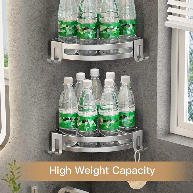 VOLPONE Shower Corner Shelf Caddy 2 Pack shower Organizer No Drill (adhesive mounting, no suction cup) Shower Storage Rust Proof Bathroom Corner Wall Shelf shampoo holder Silver