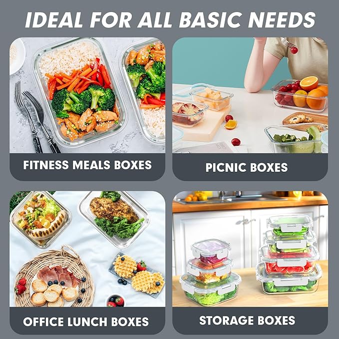 VERONES 30 Pieces Glass Meal Prep Containers Set, Stackable Food Storage Containers with Lids-Airtight Glass Lunch Containers，for Microwave, Oven, Freezer & Dishwasher,White