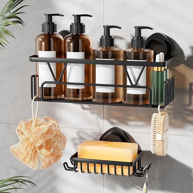 KEGII Suction Cup Shower Caddy, 2 Pack Shower Suction Shelf with Soap Holder & Hooks, No Drilling Bathroom Organizer, Stainless Steel Shampoo Holder for Bathroom Storage Basket, Black