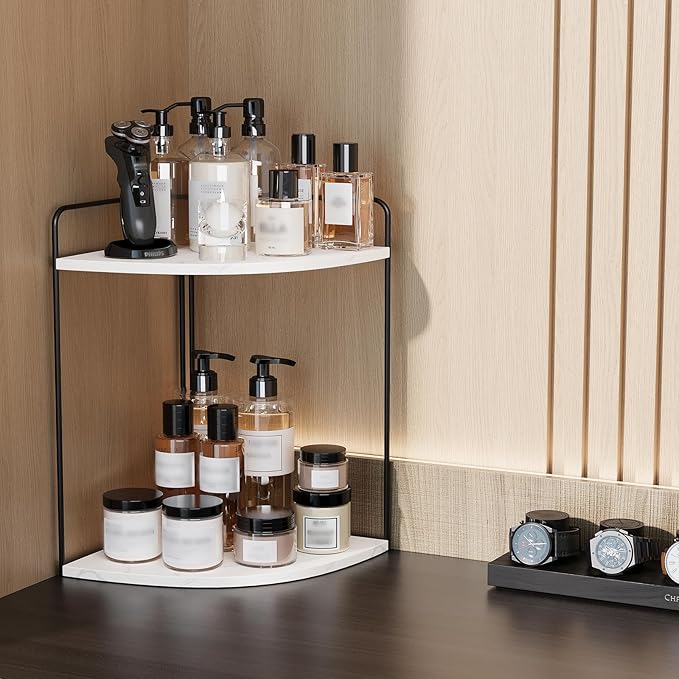 Bathroom Counter Organizer,Countertop Organizer,Vanity Organizers,Bathroom Storage,Bathroom Sink Caddy,Counter Shelf,Corner Counter,Corner Shelves(Black-White Marble)