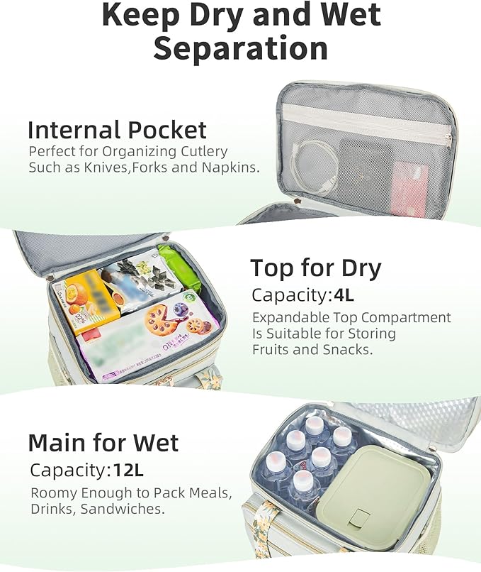 HSHRISH Expandable Lunch Box for Women, Double Deck Large Insulated Lunch Bag Women Leakproof Durable Lunch Cooler Tote Bag, Lightweight Cute Lunchbox for Work Outdoor Travel, Green