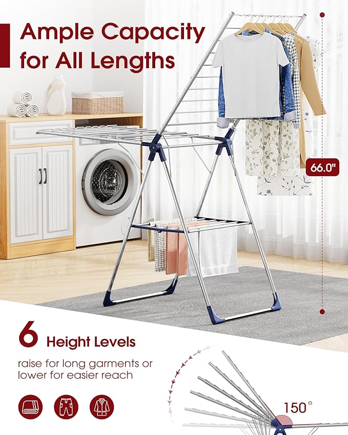 Clothes Drying Rack with Height-Adjustable Wings, Metal Foldable Laundry Dryer Stand for Clothing & Bedding, Free-Standing Collapsible for Indoor & Outdoor Use, 69.5" L × 22.8" W, Silver Blue