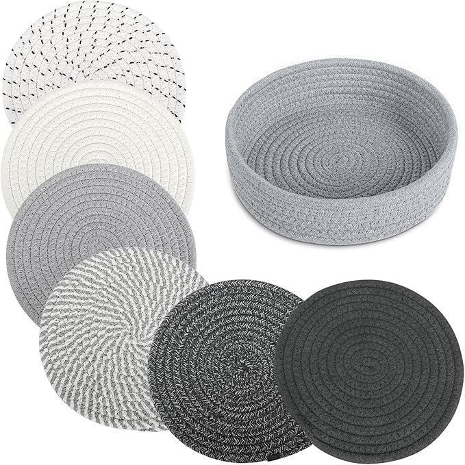 BUEDM 8 Inch Trivets for Hot Dishes, 6 Pcs Cotton Hot Pads with Basket