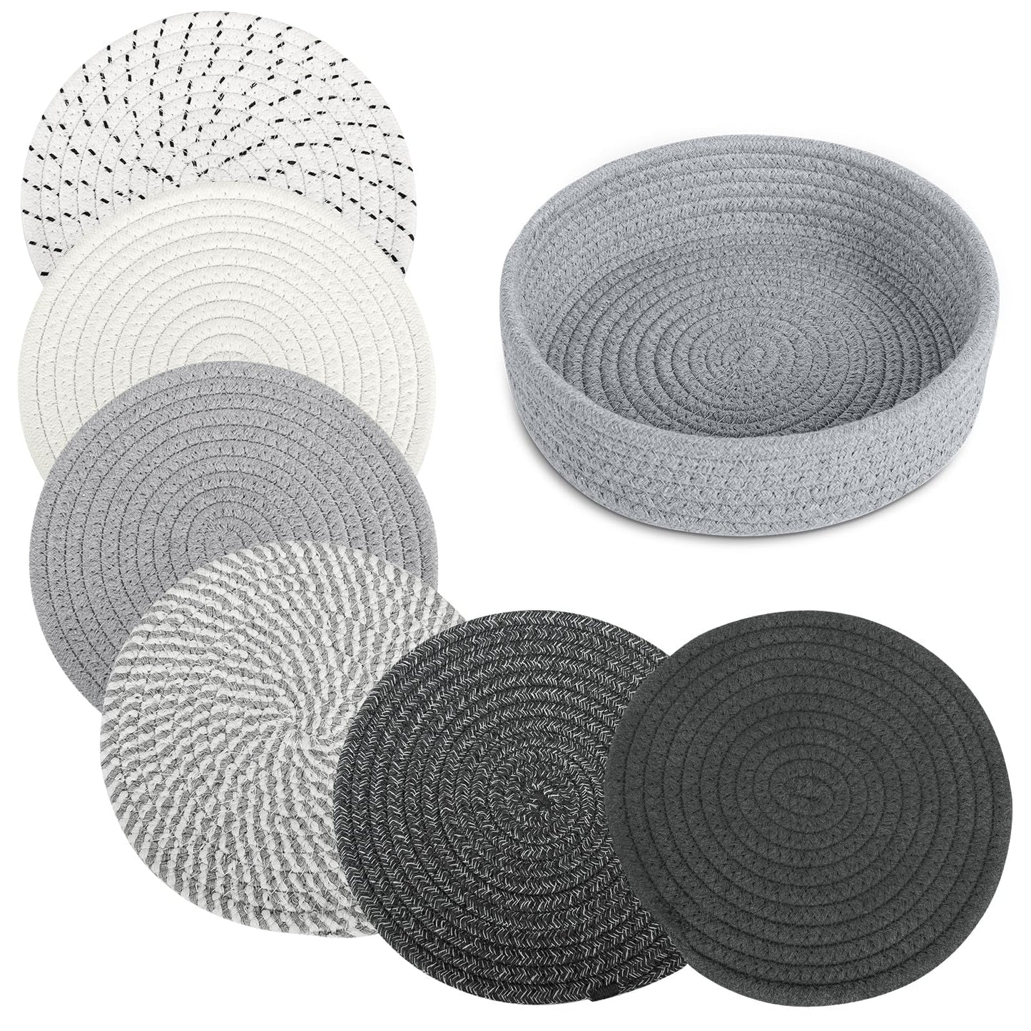 BUEDM 8 Inch Trivets for Hot Dishes, 6 Pcs Cotton Hot Pads with Basket