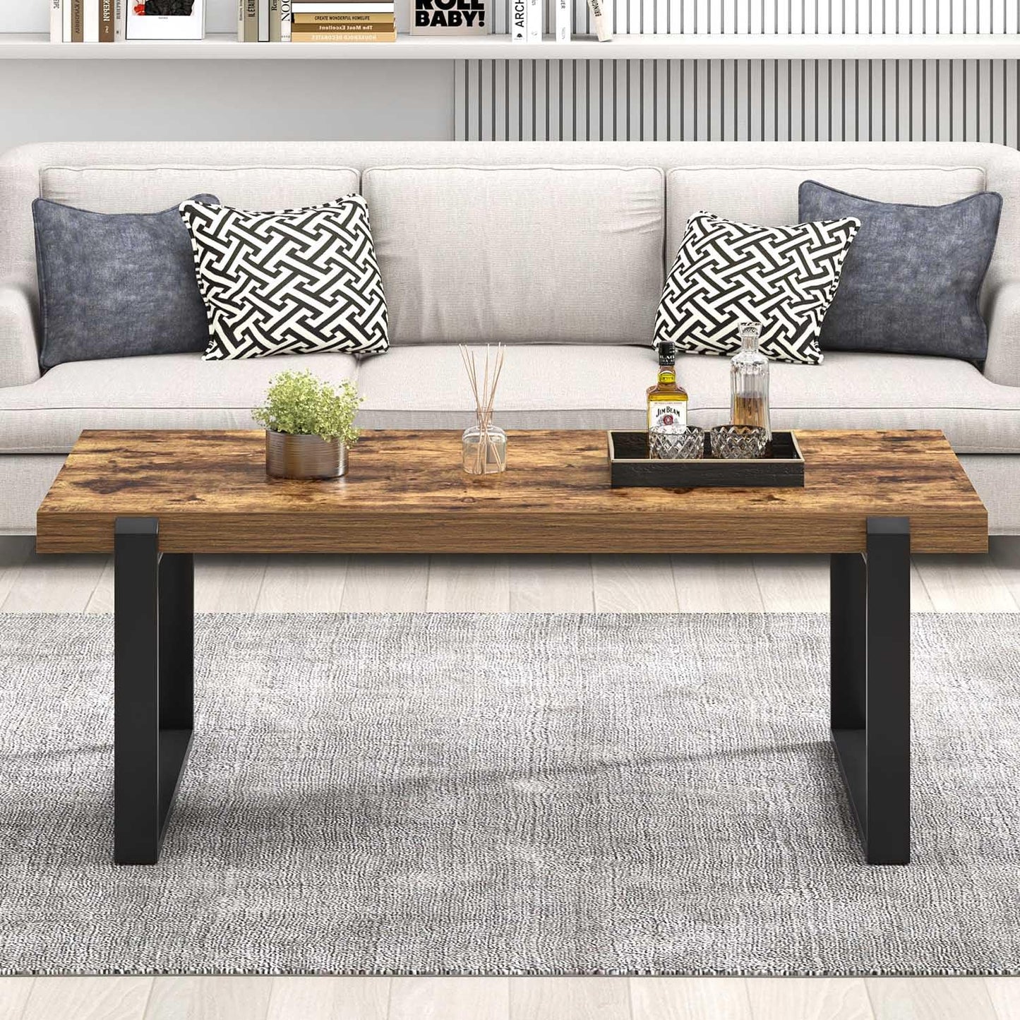 FOLUBAN Coffee Table, Modern Rustic Wood and Metal Center Table, Industrial Rectangle Cocktail Tea Table for Living Room, Brown, 47 Inch