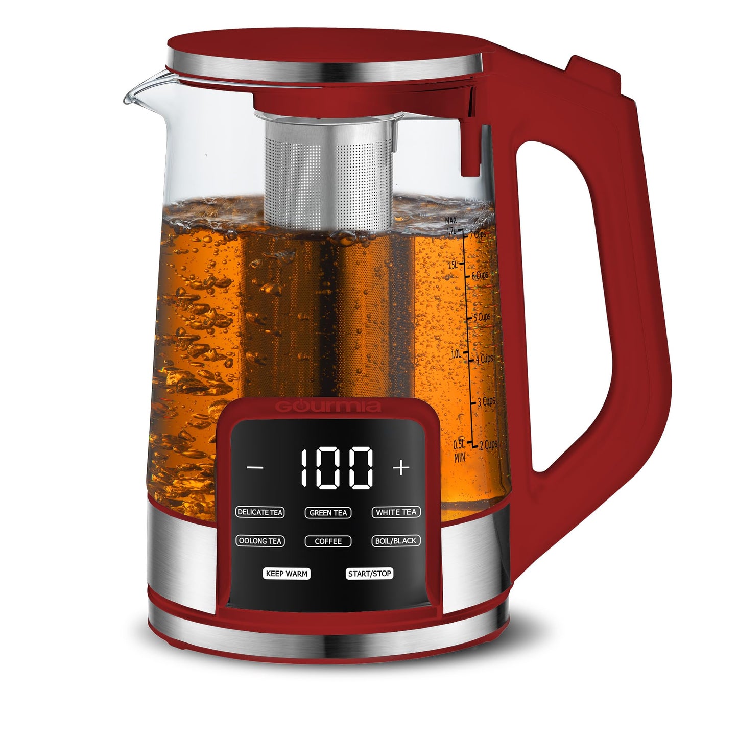 Gourmia Electric Glass Kettle – 1.7L Programmable Tea & Coffee Brewer with Digital Touch Display, 6 Presets, Removable Stainless Steel Infuser, Cordless with 360° Swivel Base, Peach