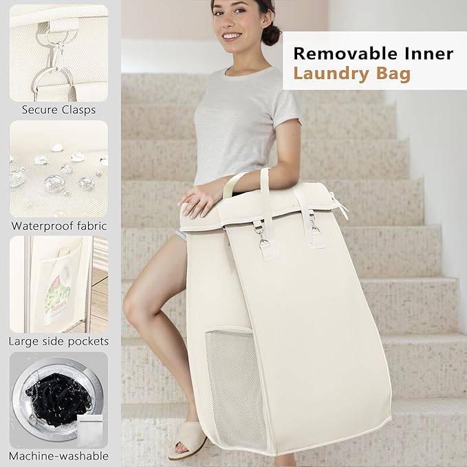150L Laundry Hamper with Wheels, Rolling Laundry Basket 2 section with Metal Frame and Removable Bag, Dirty Clothes Hampers for Bedroom, Bathroom, Dorm, Black, Silver Beige