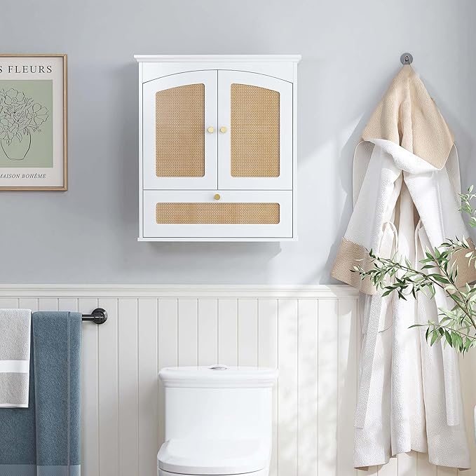 Spirich Bathroom Cabinet Wall Mount, Boho Medicine Cabinet for Bathroom, Over The Toilet Storage Cabinet with Rattan Doors and Tilt-Out Cube