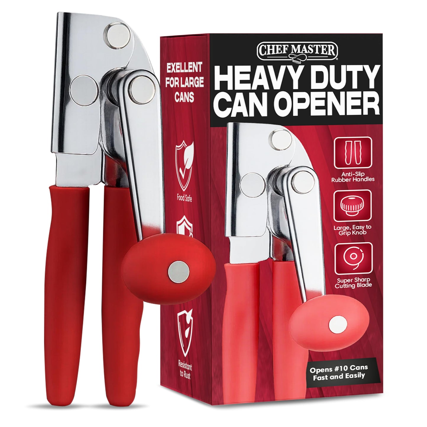 Chef Master Commercial Can Opener Heavy Duty - Manual Hand Crank for Large Cans with Anti-Slip Grip - Stainless Steel Restaurant Can Opener Manual for Seniors, Kitchen, Bars & Food Trucks - 90056
