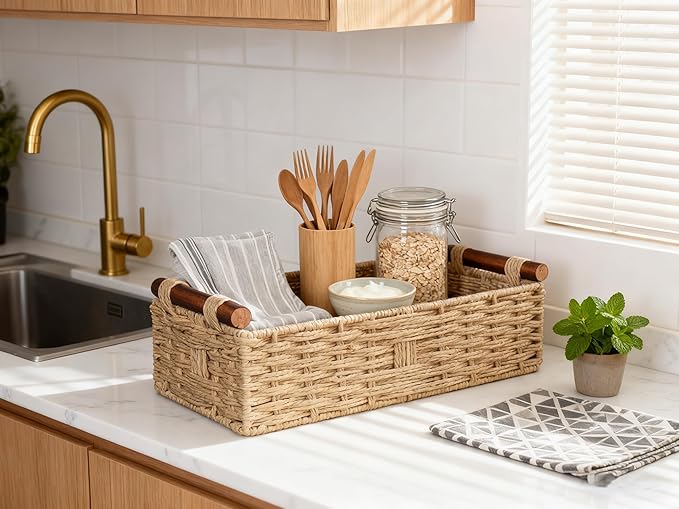 Toilet Tank Basket for Top of Toilet, Khaki Wicker Toilet Paper Basket (Holds 2 Rolls), Handwoven Paper Rope Toilet Tank Organizer with Wooden Handles, Bathroom Baskets for Organizing