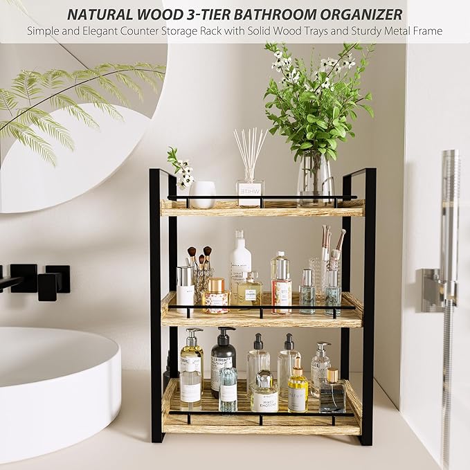 Bathroom Counter Organizer, 3 Tier Wood Countertop Shelf for Vanity, Skincare, Makeup, Kitchen Coffee and Sink Storage, with Durable Metal Bracket (Light Brown)