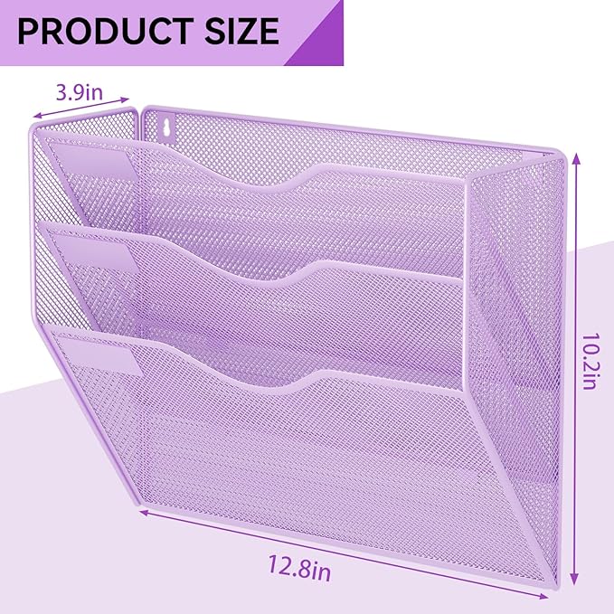 3 Pockets Hanging Wall File Organizer Mail Holder, Wall Mounted Paper Document Folder Holder, Clipboard Storage Organization Magazine Rack, Light Purple