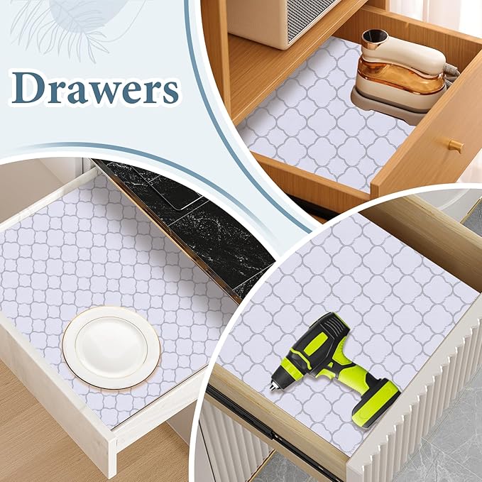 Shelf Drawer Liners for Kitchen Cabinets Non Adhesive Drawer Liner Thickened Refrigerator Liner Silver Quatrefoil Strong Non-Slip Paper for Tool Box with Knife and Tape Measure,11.8 x 354.3 Inches