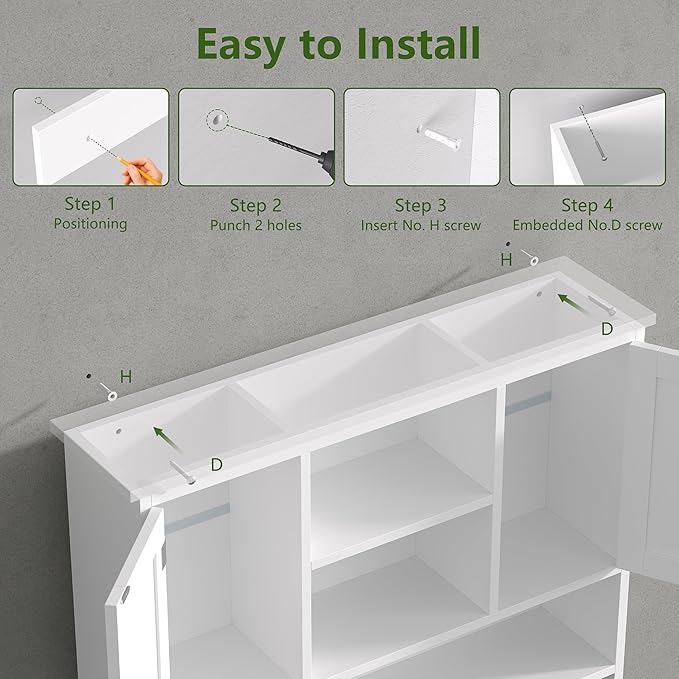 31.5" W Large Bathroom Wall Storage Cabinet with 2 Doors and 4 Hooks, Modern Medicine Cabinet with 3 Open Shelves, Wooden Wall Mounted Bathroom Cabinet for Kitchen, Living Room, White