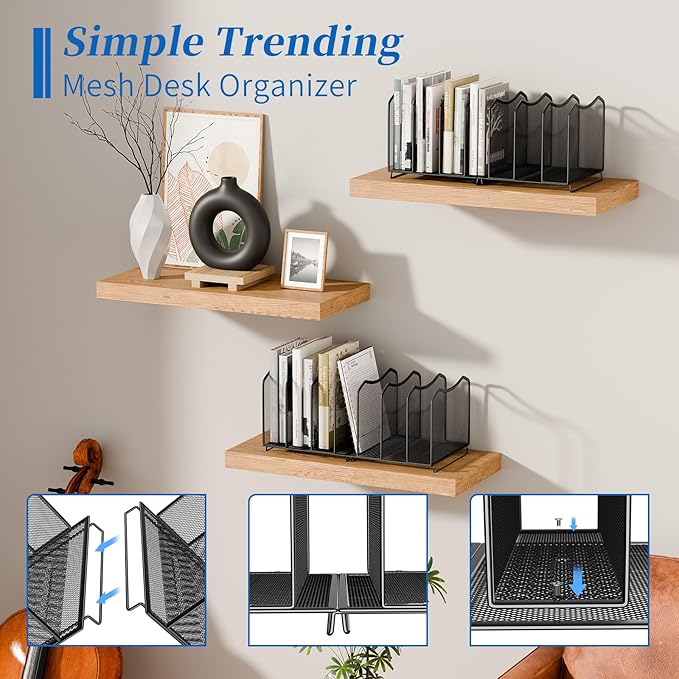 Simple Trending 2 Pack Mesh Desktop File Sorter Organizer, 7-Section Bookshelf For Desk Home Office, Black
