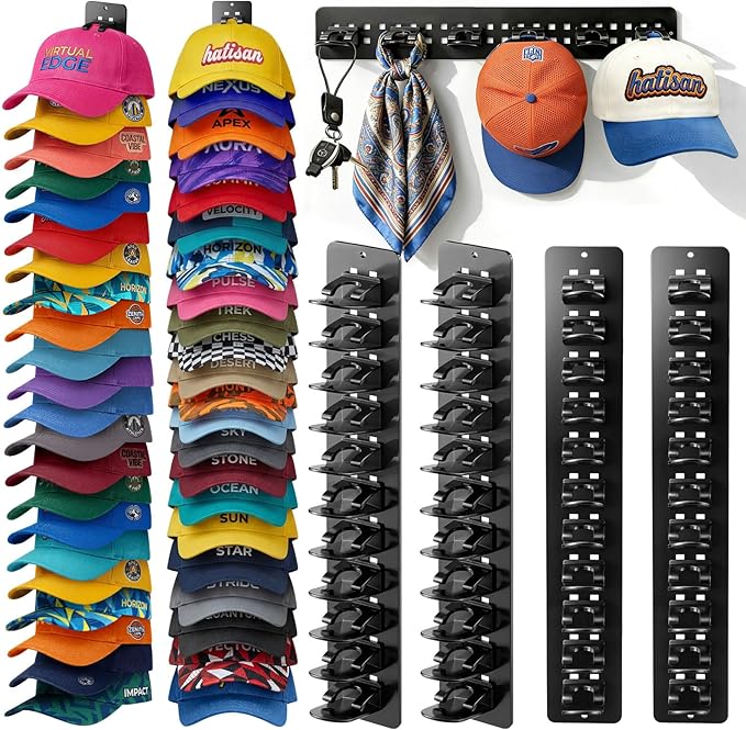 4 Pack Hat Organizer for Baseball Caps, Detachable DIY Hat Rack for Wall Hat Holder Hold up to 44 Hats, Baseball Cap Organizer Cap Holder Hat Hangers for Wall Closet Door Bedroom(4pcs,Black)
