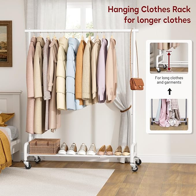 SLEEPING LAMB Heavy Duty Clothes Racks for Hanging Clothing Rack, 43" Wide Rolling Garment Rack Metal Wardrobe Rack with Wheels Closet Hanger Rack for Coats, Shirts, Dress, (White)