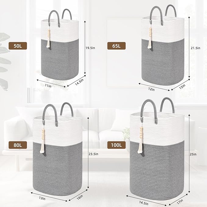 Woven Laundry Basket for Clothes, 50L Large Rectangle Laundry Hampers with Beads Tassel, Nursery Storage Basket for Toys, Tall Dirty Clothes Hamper for Bedroom Aesthetic, Laundry Room Organization