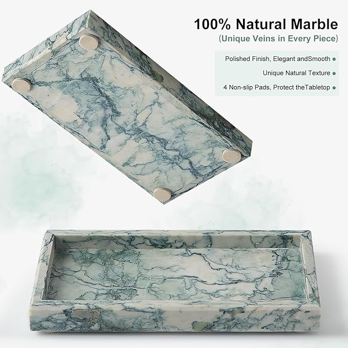 Natural Small Marble Vanity Tray, Luxury Stone Organizer for Bathroom & Kitchen | Holds Soap Dispenser, Jewelry, Perfume | Non-Resin, Non-Ceramic Décor
